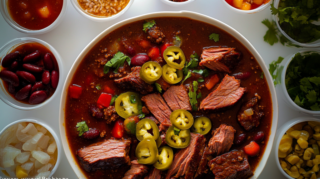 A vibrant bowl of beef brisket chili garnished with sliced jalapeños, fresh cilantro, and tender chunks of brisket, surrounded by small bowls of toppings like kidney beans, onions, corn, and sauces.