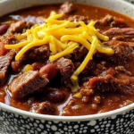 A hearty bowl of beef brisket chili topped with shredded cheddar cheese, featuring tender chunks of beef, red kidney beans, and a rich, flavorful tomato-based sauce.