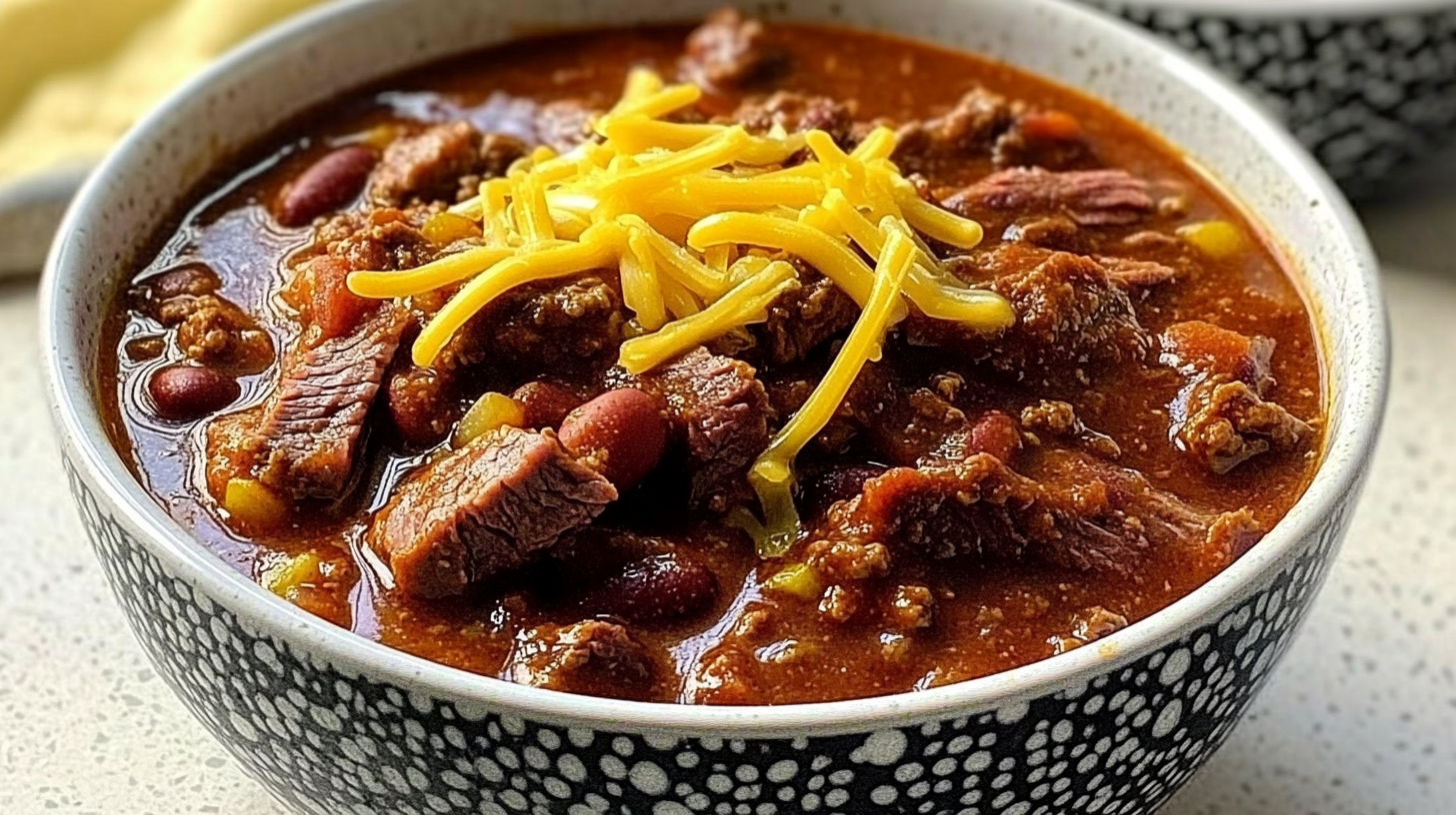 A hearty bowl of beef brisket chili topped with shredded cheddar cheese, featuring tender chunks of beef, red kidney beans, and a rich, flavorful tomato-based sauce.