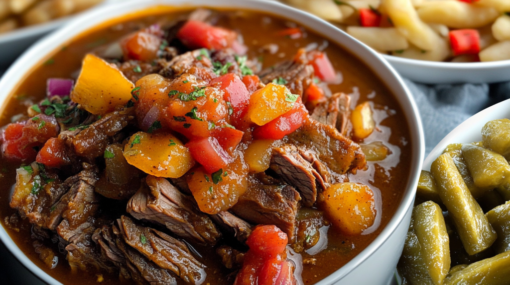 A bowl of beef brisket chili topped with chunky tomatoes, bell peppers, and garnished with fresh herbs, surrounded by sides of green beans and pasta.