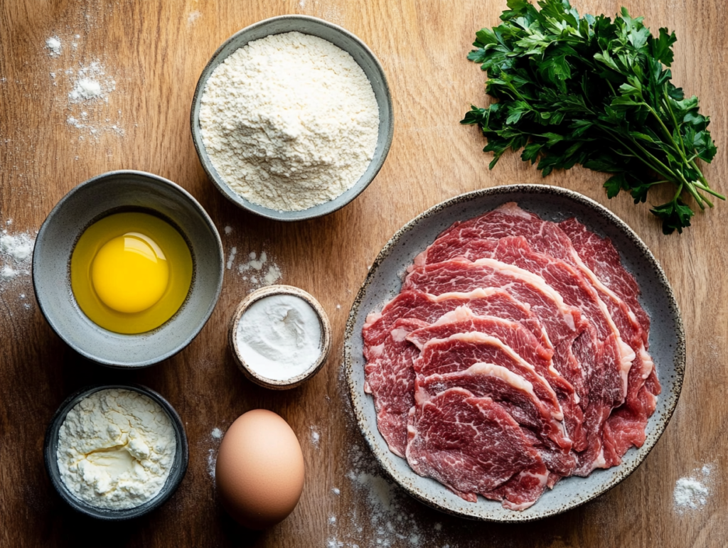 Ingredients for Beef Milanesa including beef slices, breadcrumbs, eggs, and flour