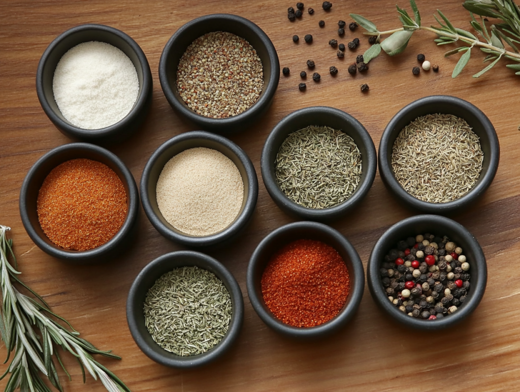 Various spices and herbs in small bowls ready for blending.