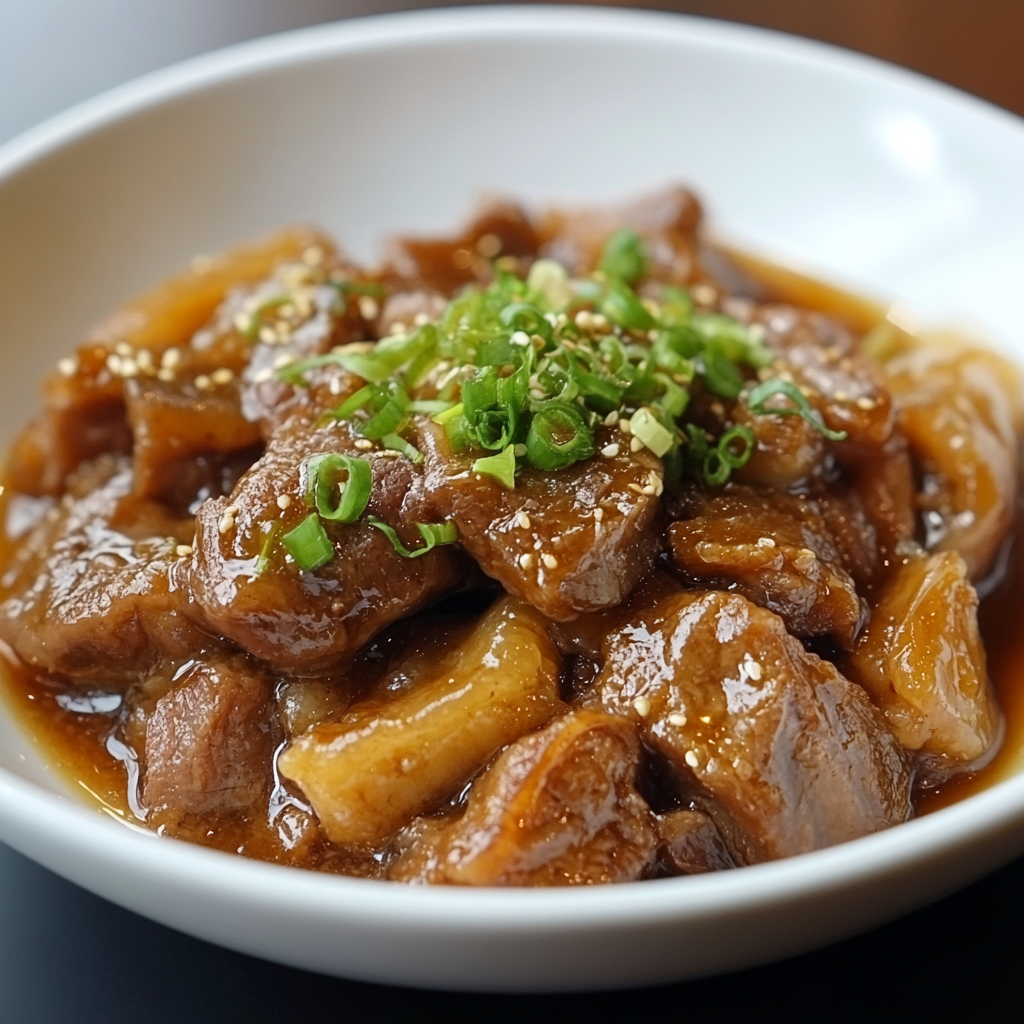 A savory dish of tender braised beef tendon topped with chopped green onions and sesame seeds, served in a flavorful glossy sauce.