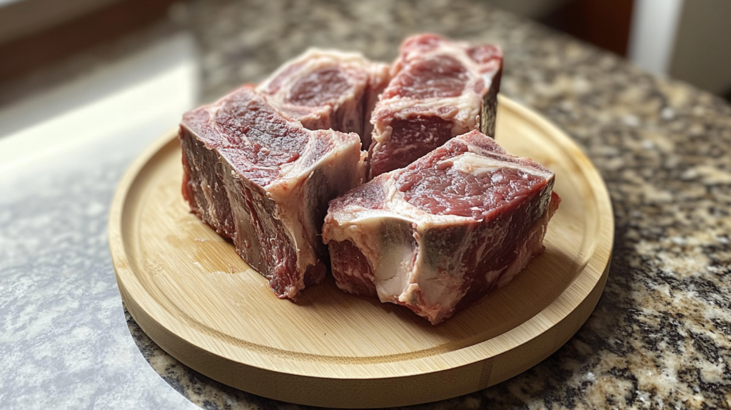 Raw beef neck bones on a round wooden platter placed on a granite countertop, ready for preparation and cooking.