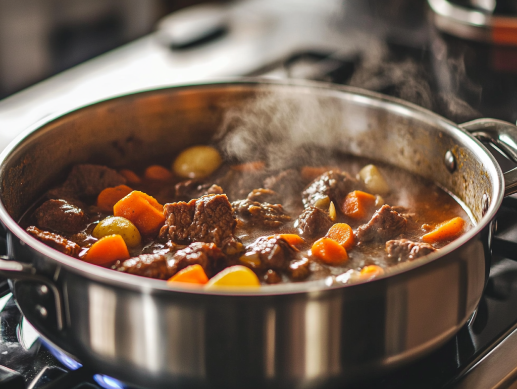 Stirring beef stew in a pot on the stove.