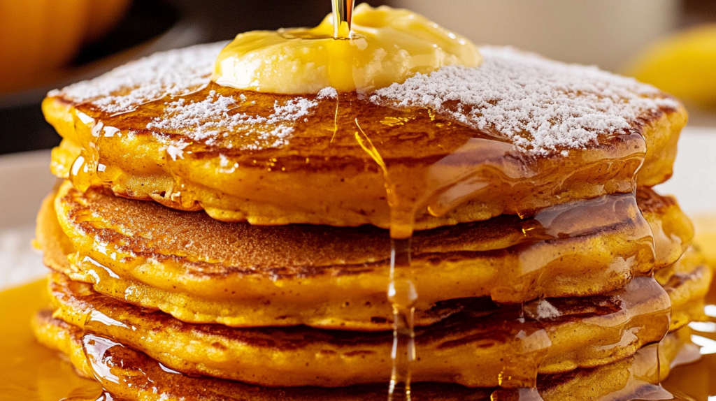 A stack of fluffy pumpkin pancakes topped with a dollop of butter, a dusting of powdered sugar, and drizzled with golden maple syrup, captured in rich, mouthwatering detail.