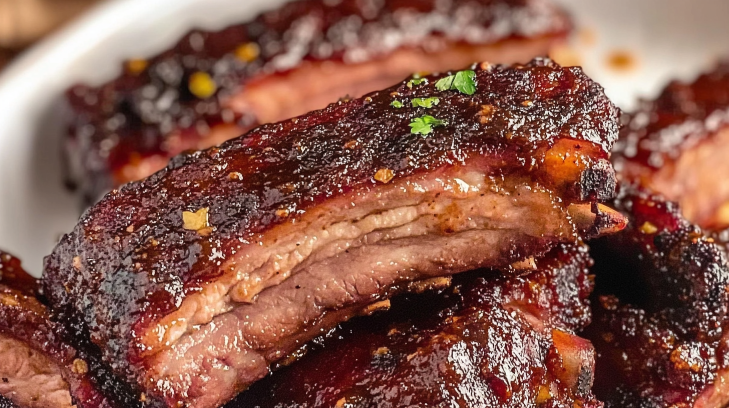 Close-up of tender, juicy country style beef ribs glazed with barbecue sauce, garnished with fresh herbs, and served on a white plate.