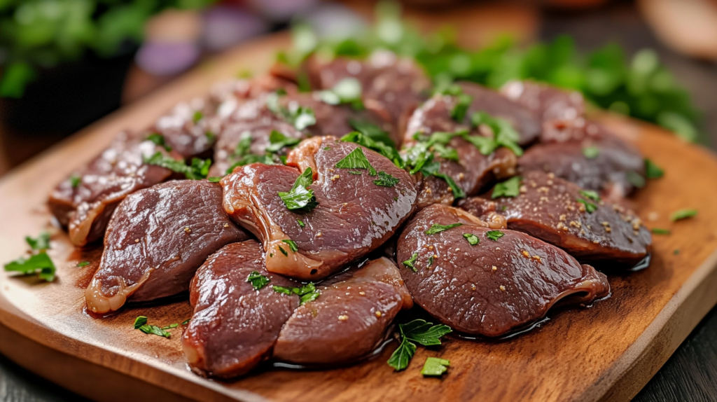 A cleaned and sliced beef heart ready for marination.