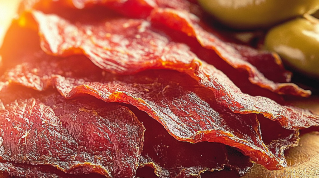 Thin slices of dried beef with a rich, reddish-brown color, highlighted by natural sunlight, accompanied by green olives in the background.