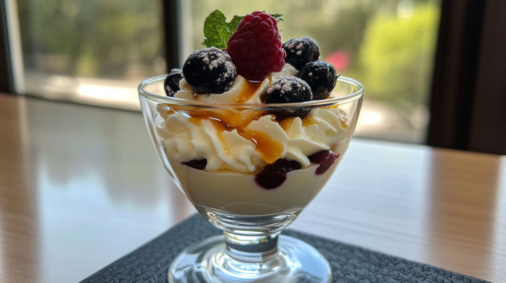 A glass bowl of yogurt with whipped cream, blueberries, raspberries, and honey drizzle, ideal for sweet breakfast recipes.