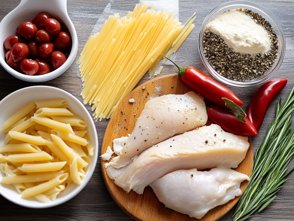 A flat-lay of ingredients for Marry Me Chicken Pasta, including raw chicken breasts, penne pasta, spaghetti, cherry tomatoes, Parmesan cheese, chili peppers, and fresh rosemary.