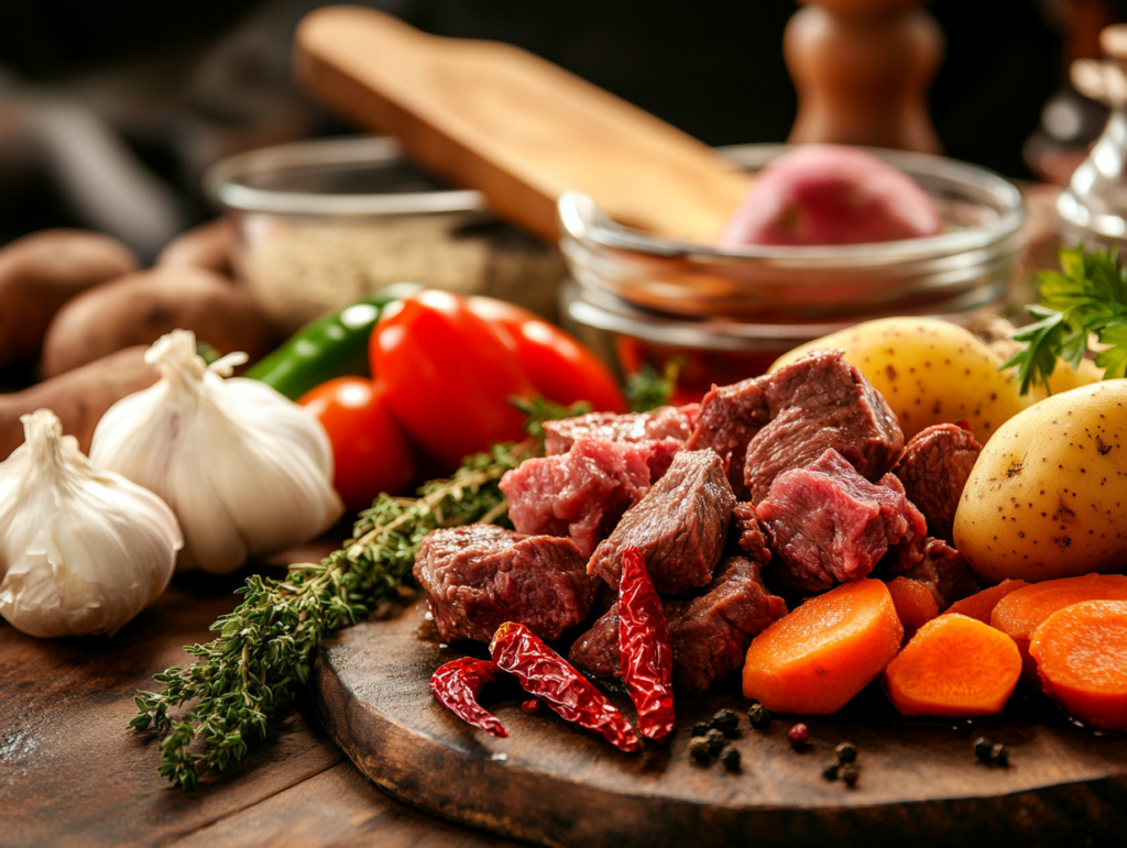 A rustic kitchen with ingredients for Mexican beef stew laid out on the counter.