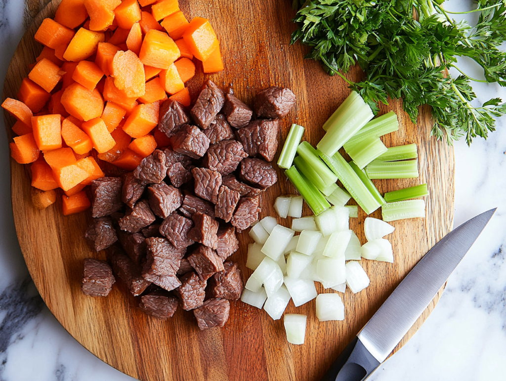 Fresh vegetables and diced beef ready for soup preparation