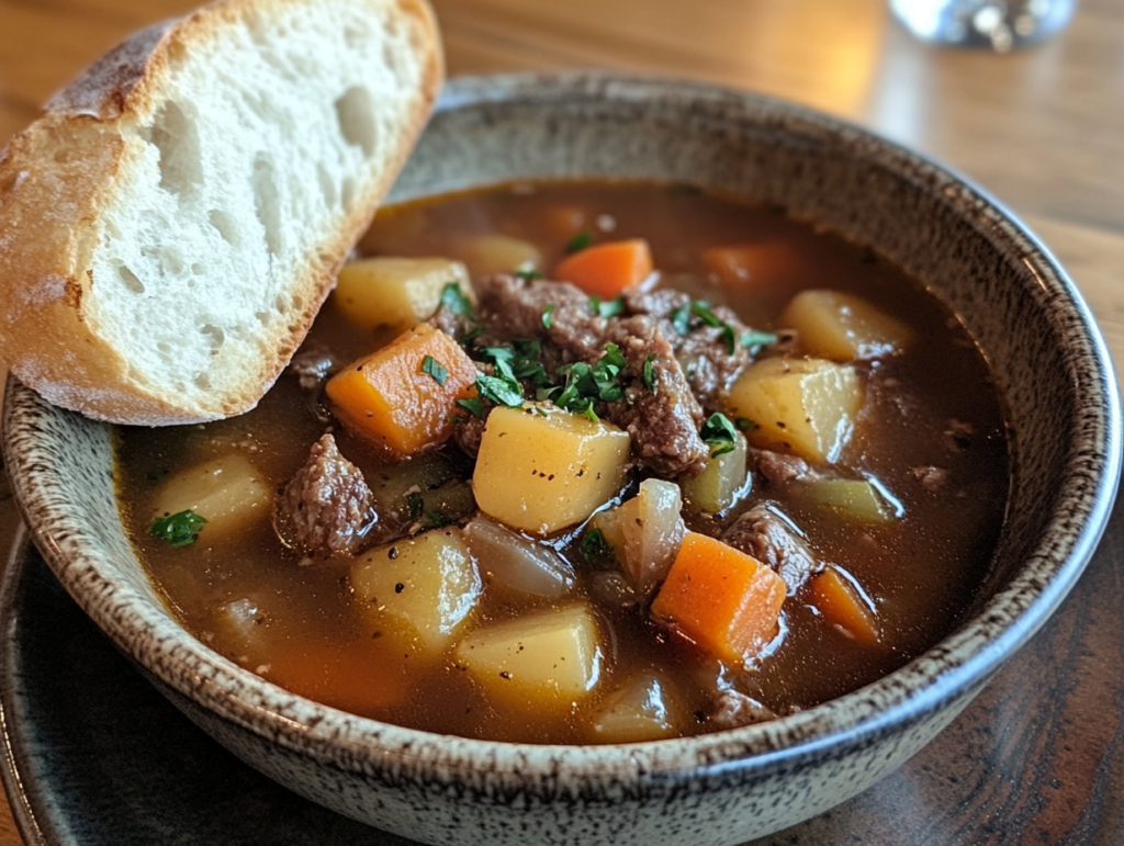 A bowl of vegetable beef soup served with crusty bread on the side