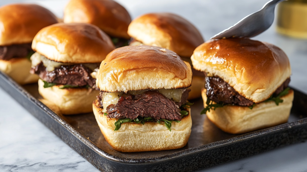 Juicy roast beef sliders with melted cheese and fresh greens on soft, golden-brown buns, served on a baking tray for a delicious presentation.