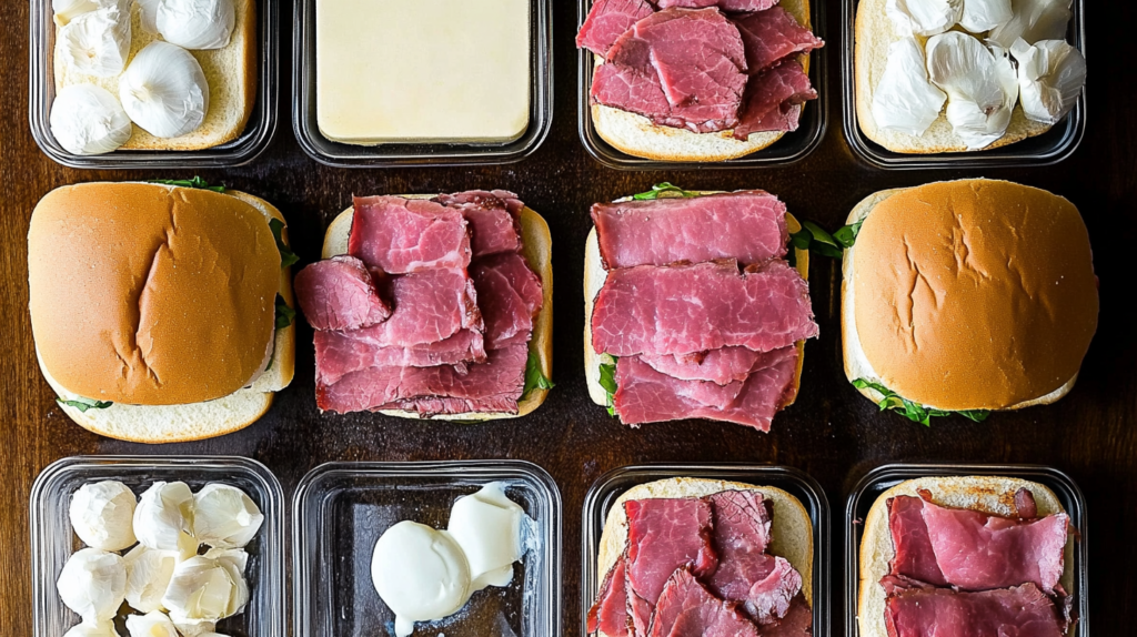 Top-down view of roast beef sliders being assembled with fresh buns, thinly sliced roast beef, cheese, and garlic cloves on a wooden surface.