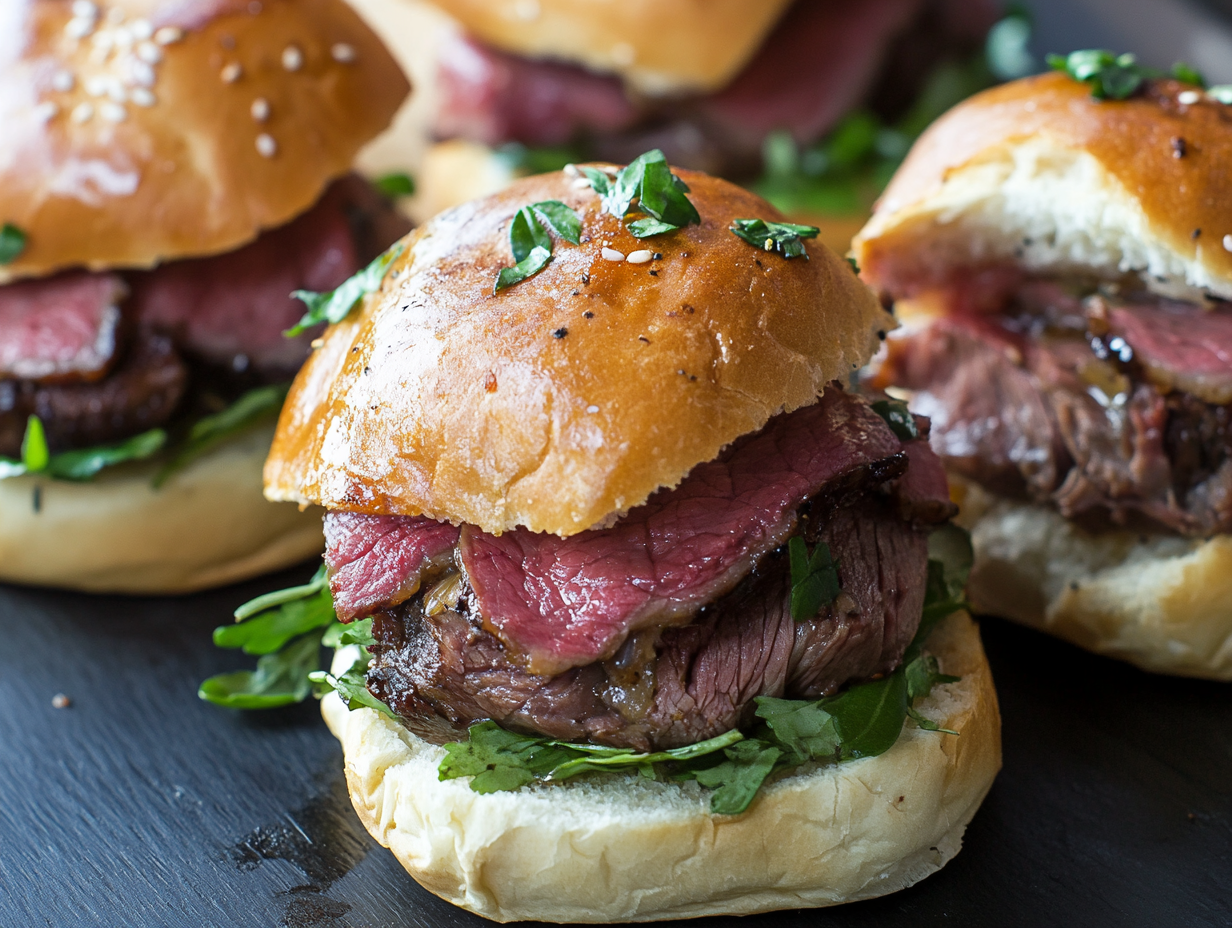 Delicious roast beef sliders with tender beef, fresh greens, and glossy sesame seed buns, garnished with herbs on a dark serving board.