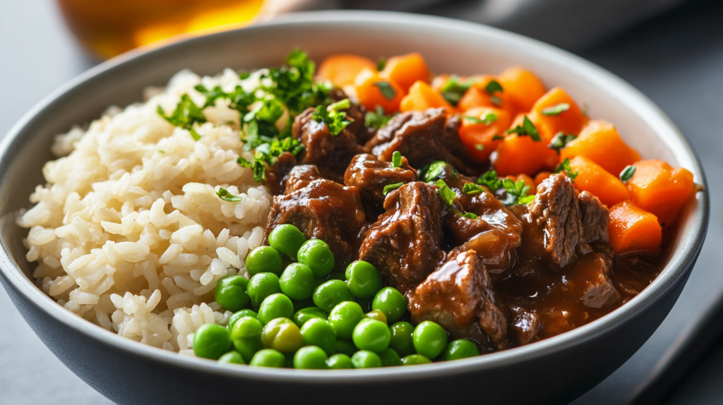 Stewing beef and rice with carrots and peas