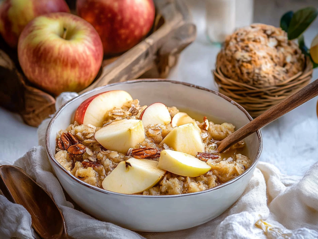 A bowl of warm oatmeal topped with fresh apple slices, pecans, and a drizzle of honey, placed on a white cloth with wooden utensils, surrounded by whole apples and a basket of rustic bread in the background.