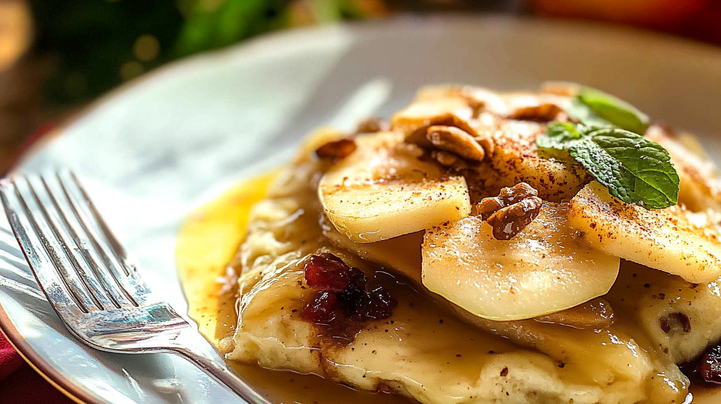 A plate of apple-topped crepes drizzled with syrup, garnished with pecans and fresh mint leaves, served on a white dish with a silver fork.