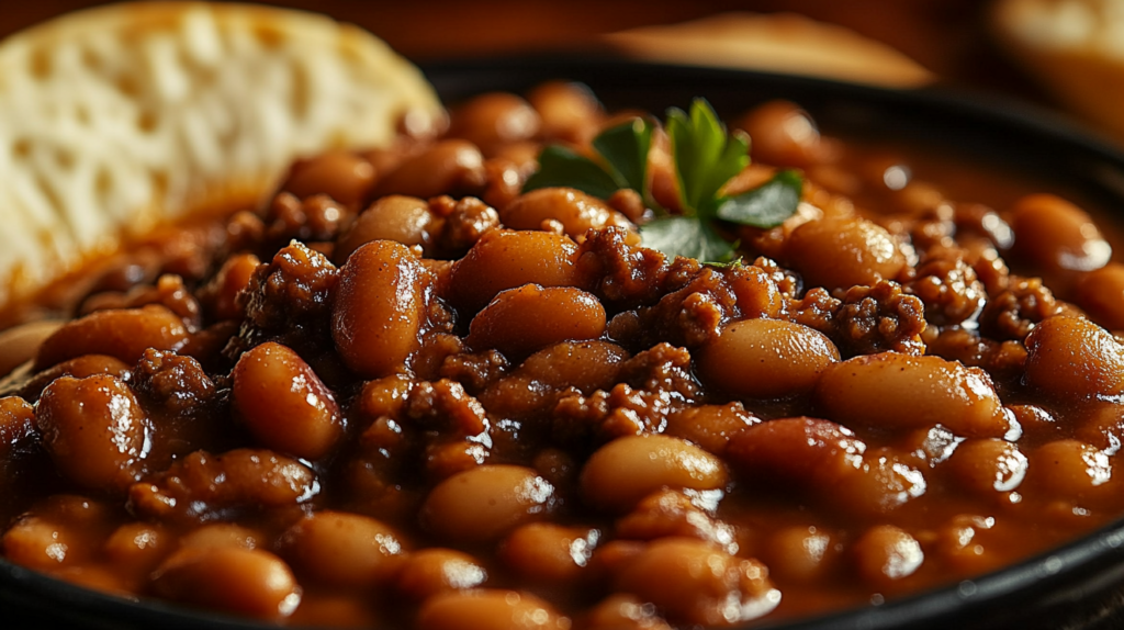 Close-up of baked beans with ground beef, garnished with parsley, served in a black dish with a piece of bread in the background.