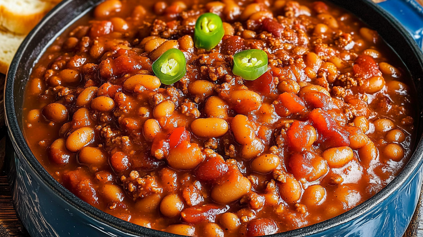 Baked beans with ground beef served in a black skillet, garnished with sliced jalapeños, showcasing a hearty and flavorful dish.