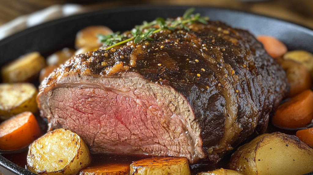 A perfectly roasted beef arm roast with a caramelized crust, garnished with fresh thyme, surrounded by golden potatoes and carrots in a cast-iron skillet.