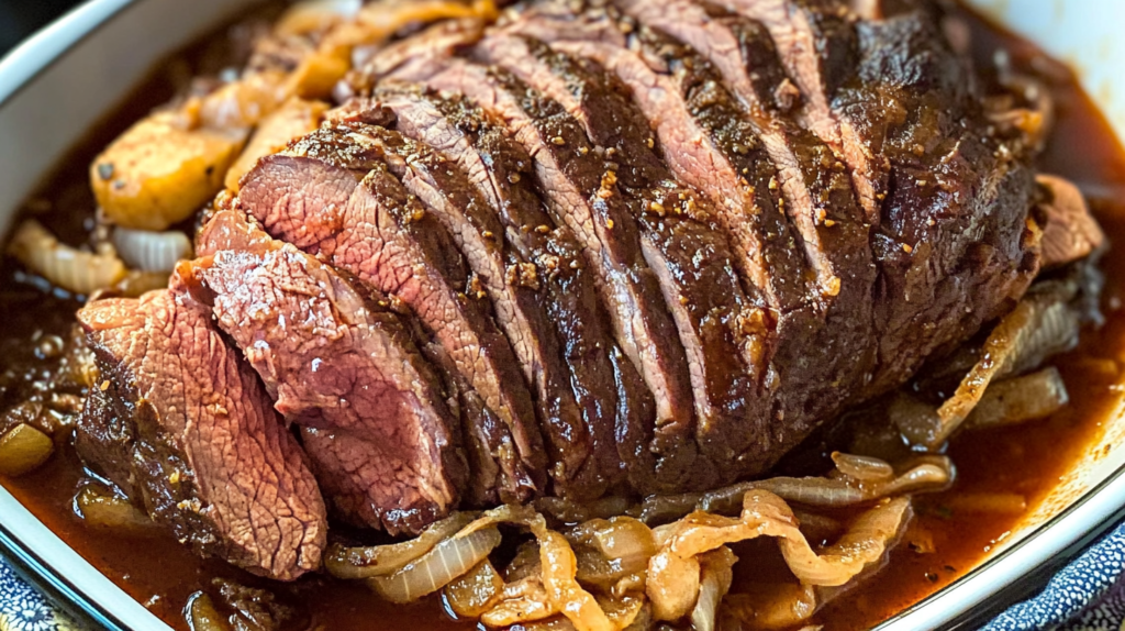 Tender beef bottom round roast sliced and served with caramelized onions and rich gravy in a roasting pan.