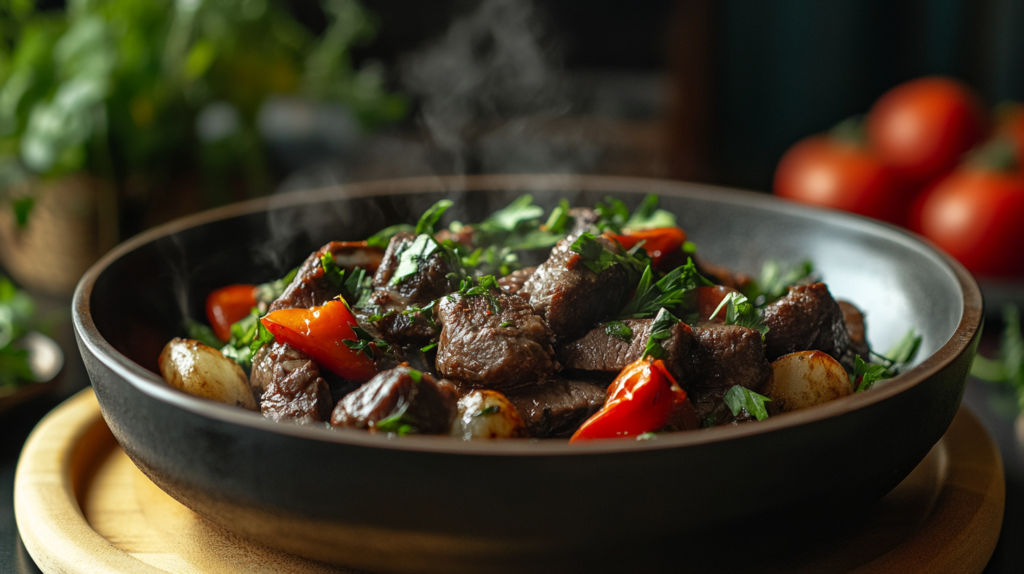 Steaming beef cheek stew with tender meat, roasted vegetables, and fresh herbs served in a black bowl, surrounded by vibrant tomatoes and greenery.