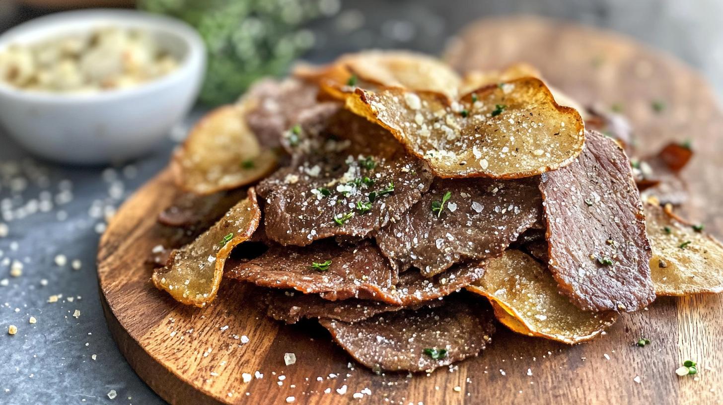 A close-up of crispy beef chips on a wooden plate, garnished with herbs and sprinkled with sea salt, with a bowl of dip in the background.