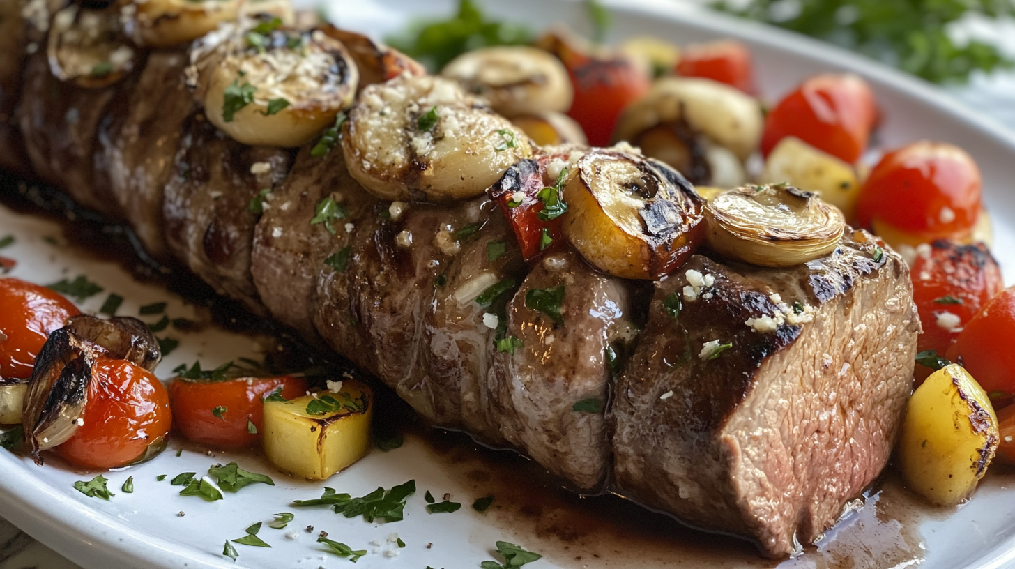 Juicy beef chuck roll roast garnished with grilled mushrooms and served alongside roasted cherry tomatoes and vegetables on a white platter.