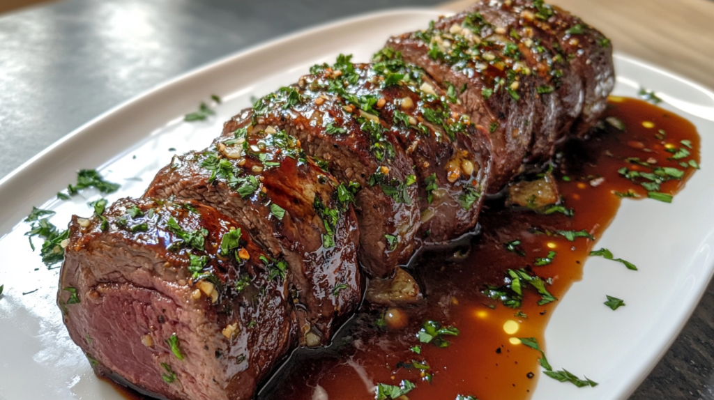 Succulent beef chuck roll roast coated in a rich glaze, garnished with fresh parsley, and served on a white platter with flavorful sauce.