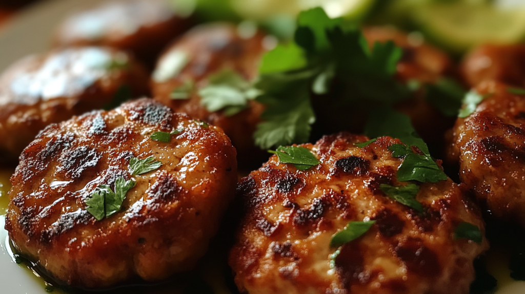 Close-up of golden-brown beef cutlets garnished with fresh parsley, highlighting their crispy texture and rich flavor.