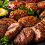 Perfectly cooked beef cutlets served on a platter with fresh parsley, lemon slices, and creamy dipping sauces.