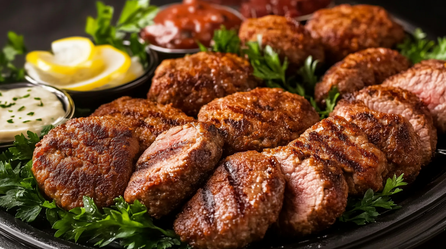 Perfectly cooked beef cutlets served on a platter with fresh parsley, lemon slices, and creamy dipping sauces.