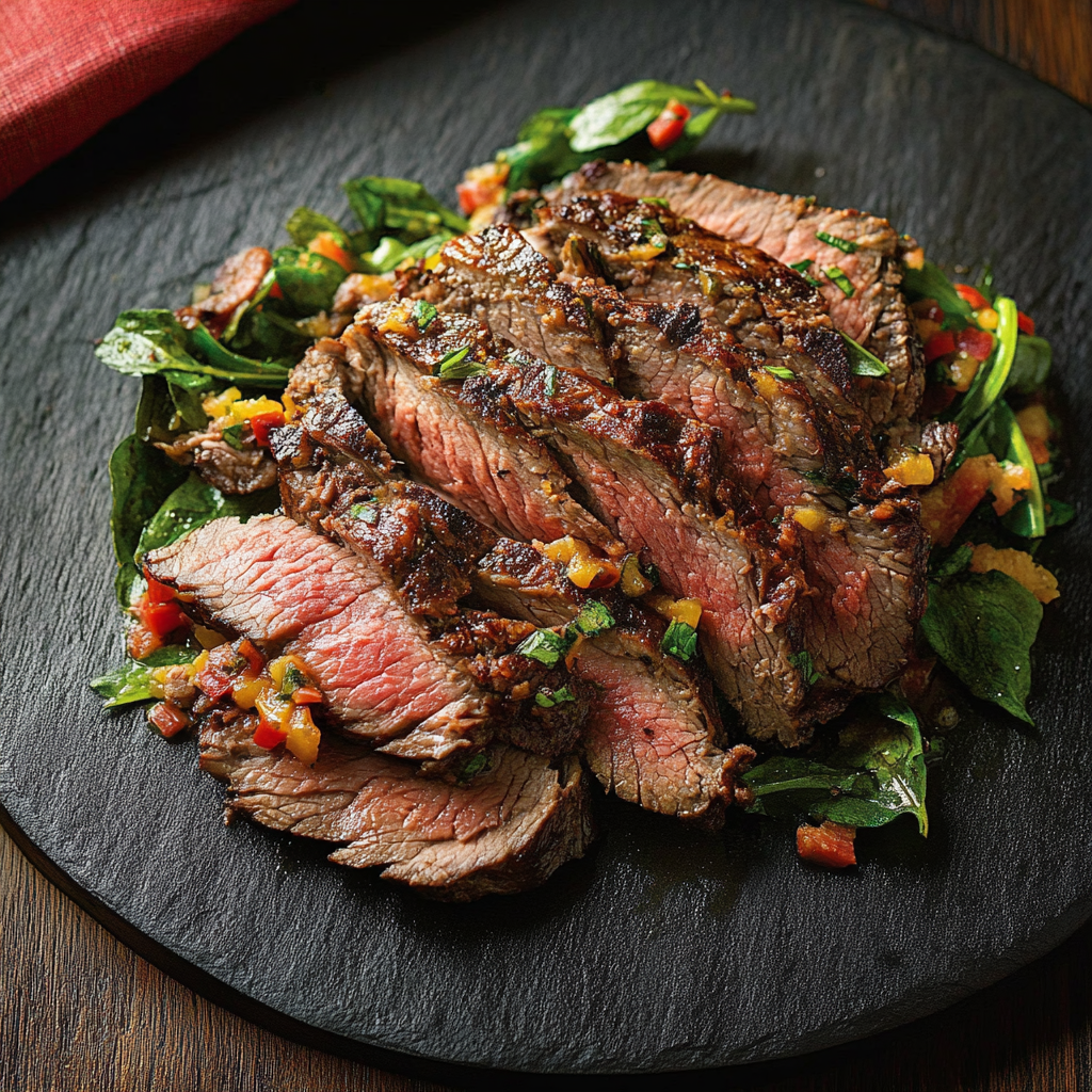 Sliced grilled beef steak served medium-rare, topped with a fresh vegetable salsa and placed on a bed of spinach for a vibrant, flavorful dish.