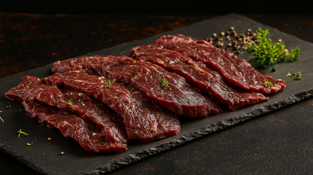 Raw beef flap meat slices arranged neatly on a dark slate platter, seasoned lightly with salt and pepper, and garnished with fresh thyme sprigs and black peppercorns.