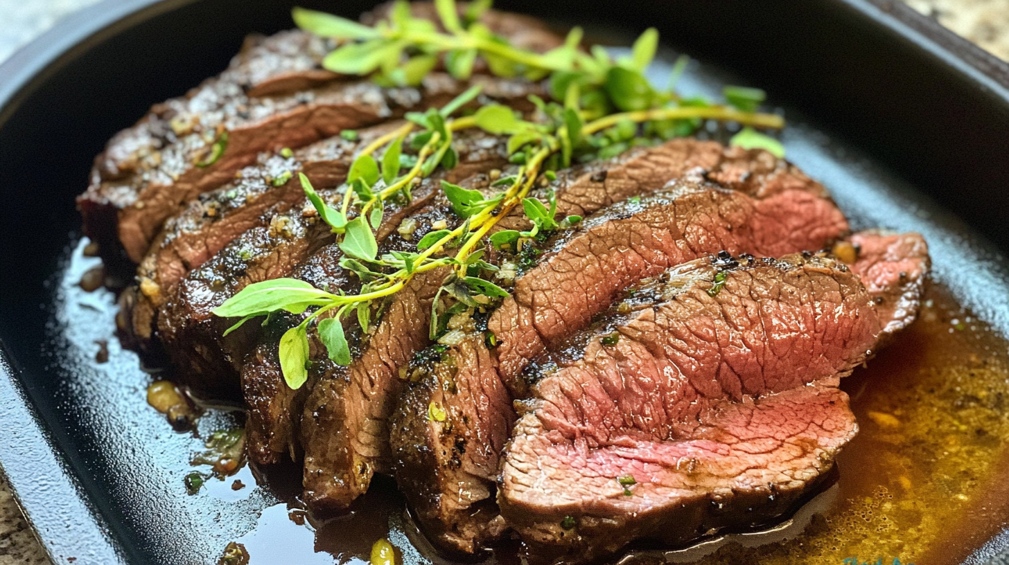 Sliced, perfectly cooked beef knuckle roast served in a black dish, garnished with fresh thyme and drizzled with flavorful juices for a succulent presentation.