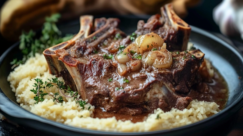 Braised beef neck bones served on a bed of mashed potatoes, garnished with caramelized onions and fresh thyme in a dark rustic setting.