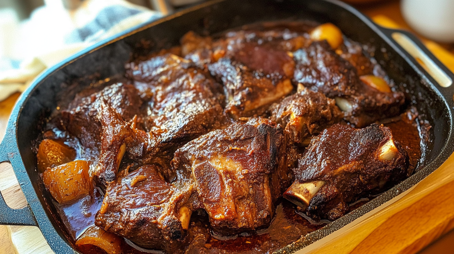 Slow-cooked beef neck bones in a rich, savory sauce with tender meat and vegetables in a cast iron roasting pan.