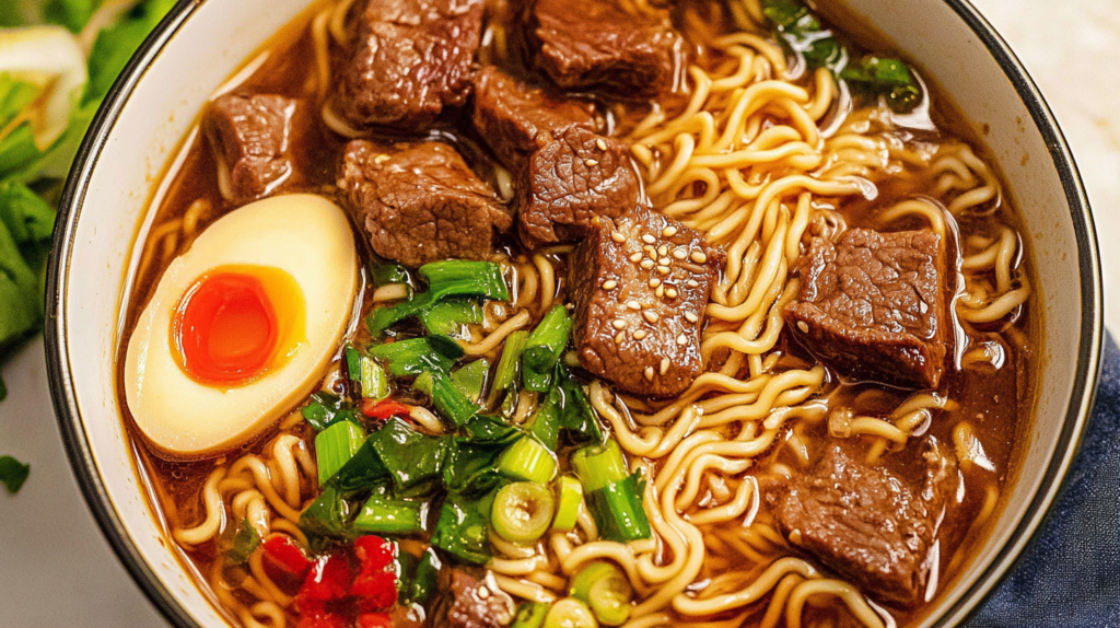 A bowl of beef ramen noodles featuring tender beef chunks, a soft-boiled egg with a vibrant yolk, fresh green onions, sesame seeds, and a rich, flavorful broth.