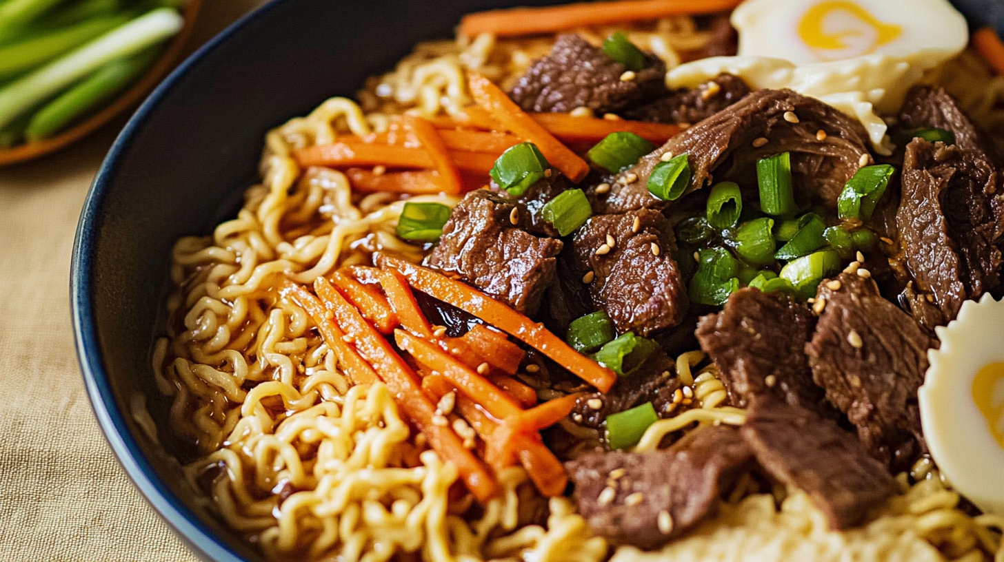 A bowl of beef ramen noodles topped with tender beef slices, julienned carrots, green onions, sesame seeds, and a soft-boiled egg, served with a rich broth.