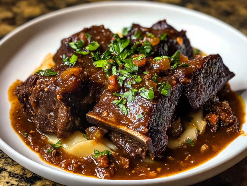 A plate of braised beef short ribs served over creamy mashed potatoes, topped with a rich, glossy tomato-based sauce and garnished with fresh chopped parsley.