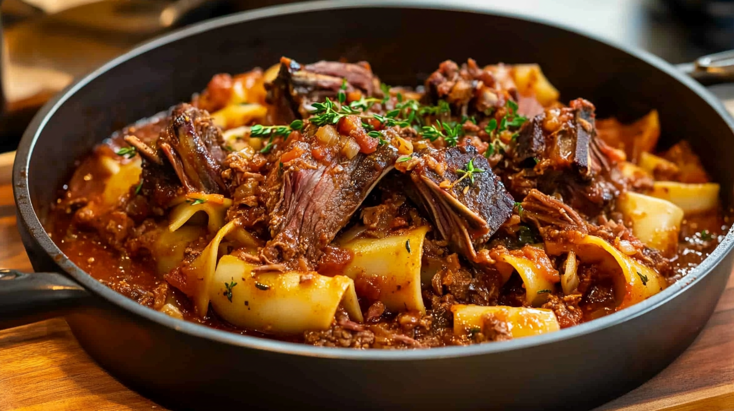 A close-up of beef short rib ragu served in a black skillet, featuring tender shredded short ribs in a rich tomato-based sauce with wide pappardelle pasta, garnished with fresh thyme.