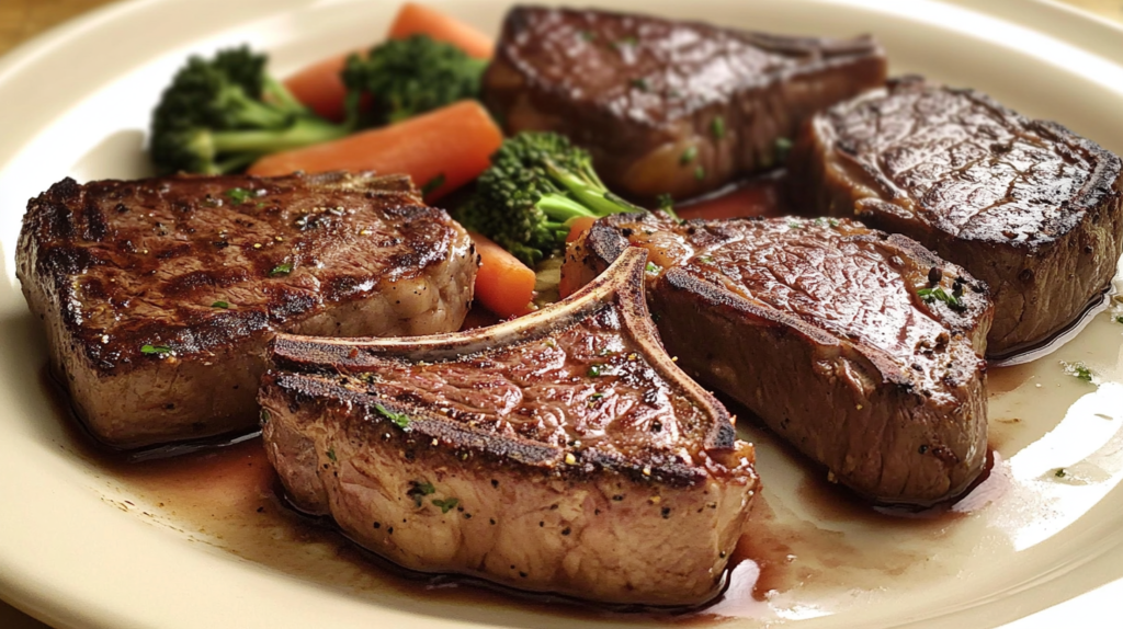 A tender beef steak paired with steamed carrots and vibrant green broccoli, served on a white plate.