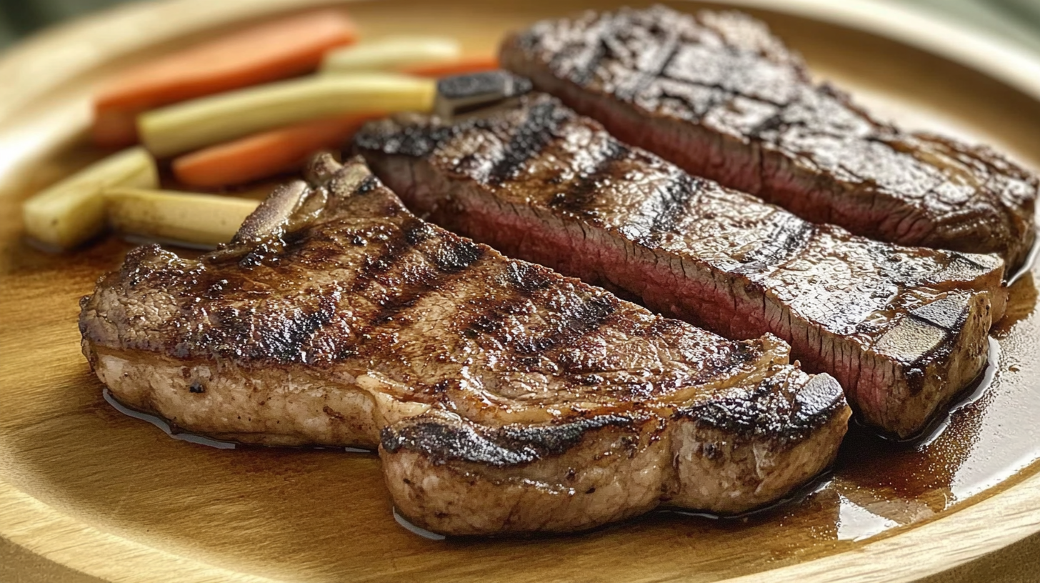 A juicy beef steak, served alongside crispy golden French fries and steamed carrots on a white plate.