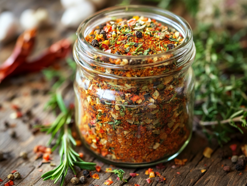 A jar of homemade beef stew seasoning on a kitchen counter surrounded by fresh herbs and spices.