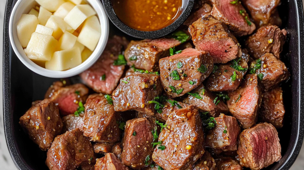 Juicy, seasoned beef tenderloin tips garnished with fresh herbs, served with a side of diced potatoes and dipping sauce in a black dish.