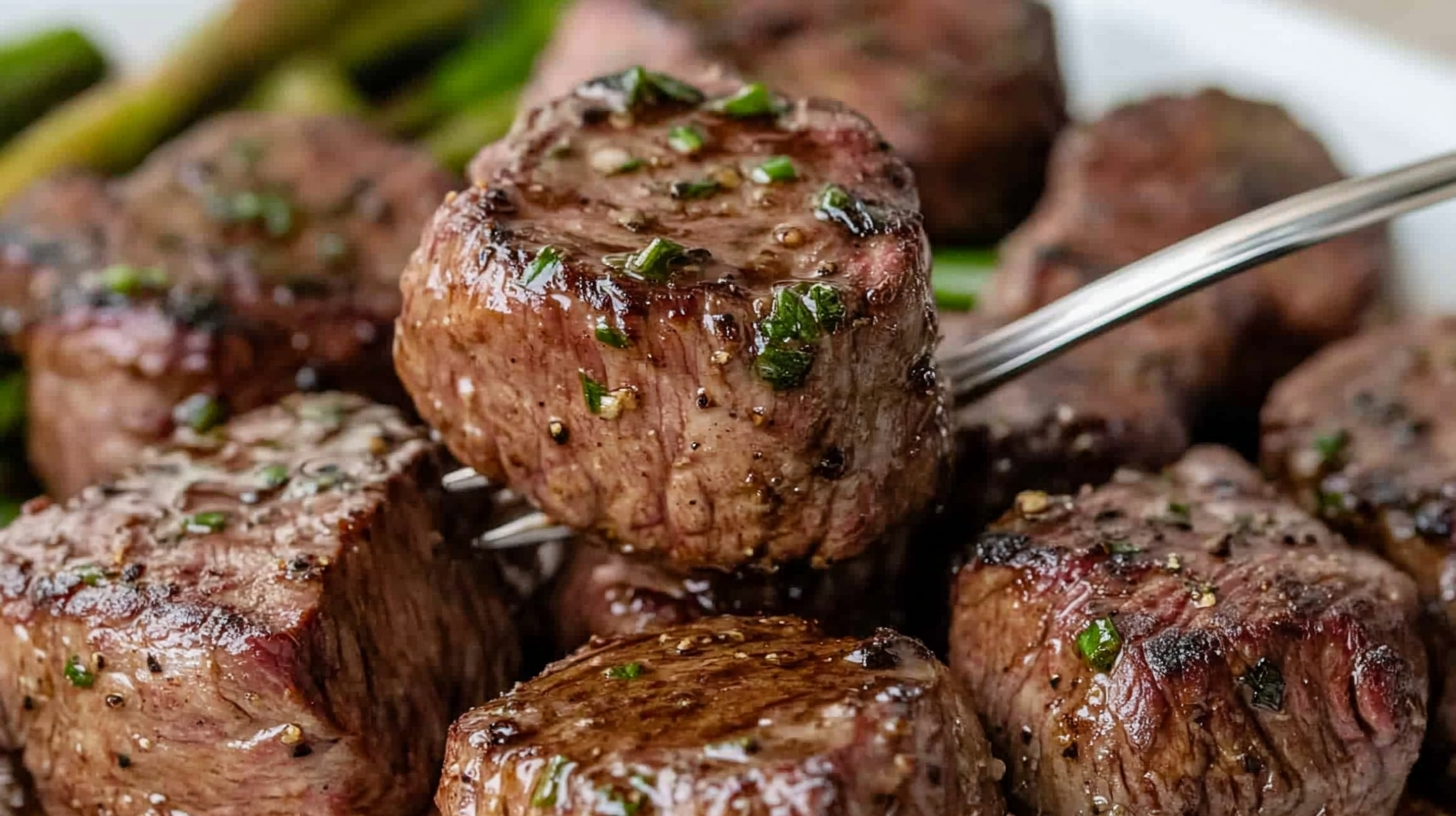 Juicy beef tenderloin tips cooked to perfection, garnished with fresh herbs and seasoning, served on a fork with a background of tender, seared beef pieces.