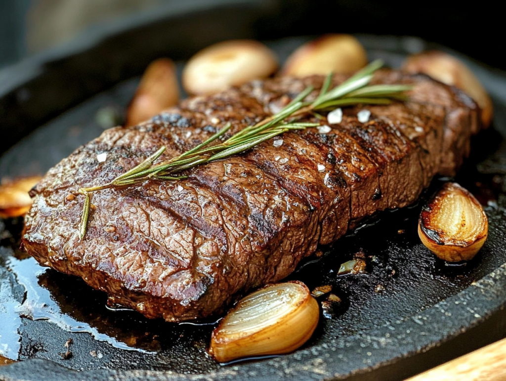 Grilled teres major steak topped with a sprig of rosemary, served with caramelized onions on a cast-iron skillet.